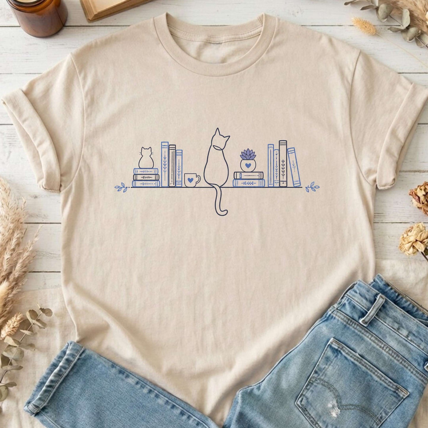 Book Shelf & Cat Bookish T-Shirt