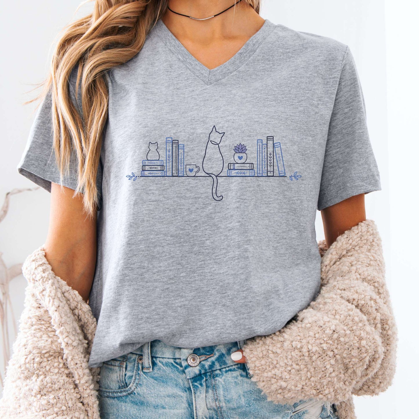 Book Shelf & Cat Bookish V-Neck