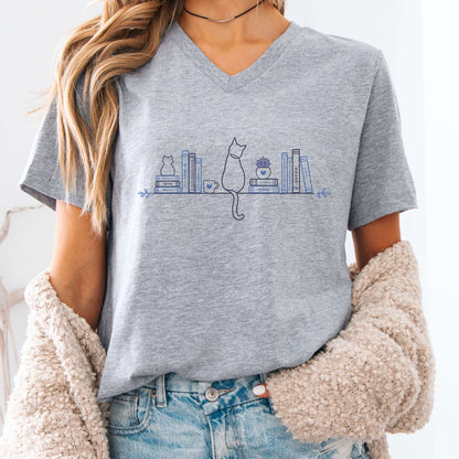 Book Shelf & Cat Bookish V-Neck