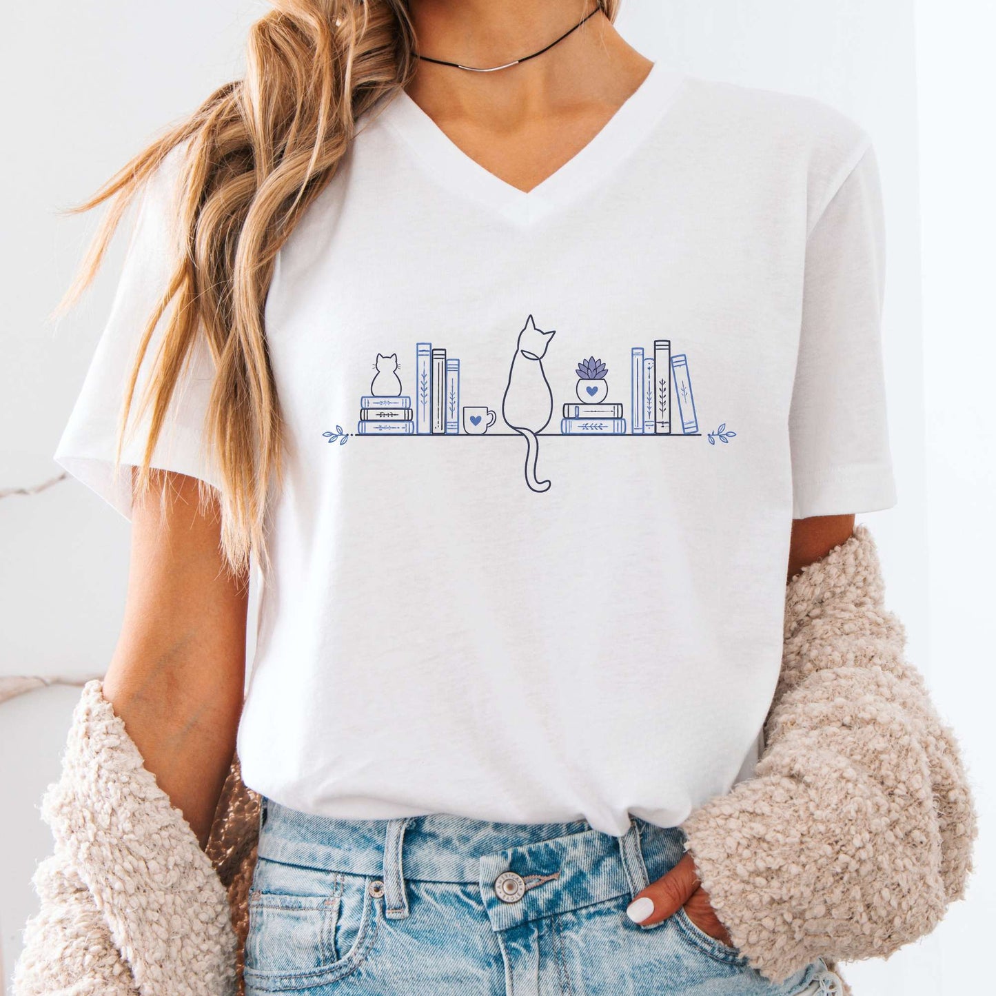 Book Shelf & Cat Bookish V-Neck