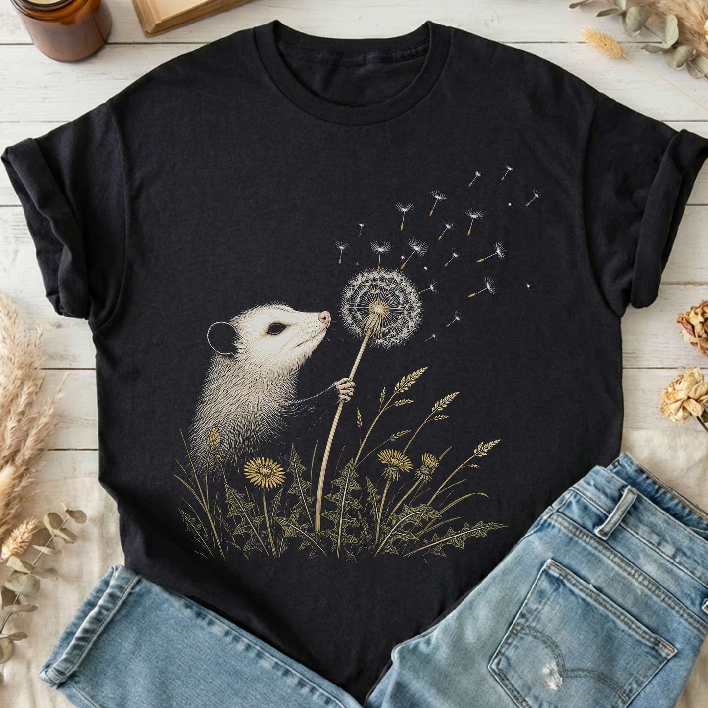 Opossum Making a Dandelion Wish T-Shirt