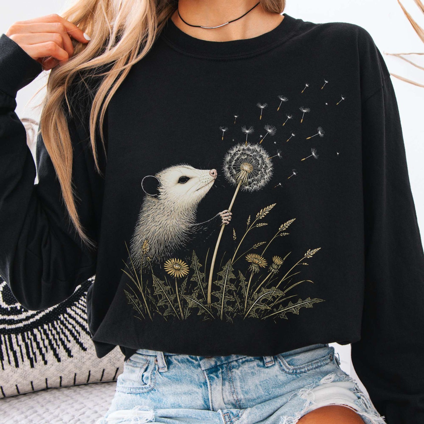 Opossum Making a Dandelion Wish Long Sleeve