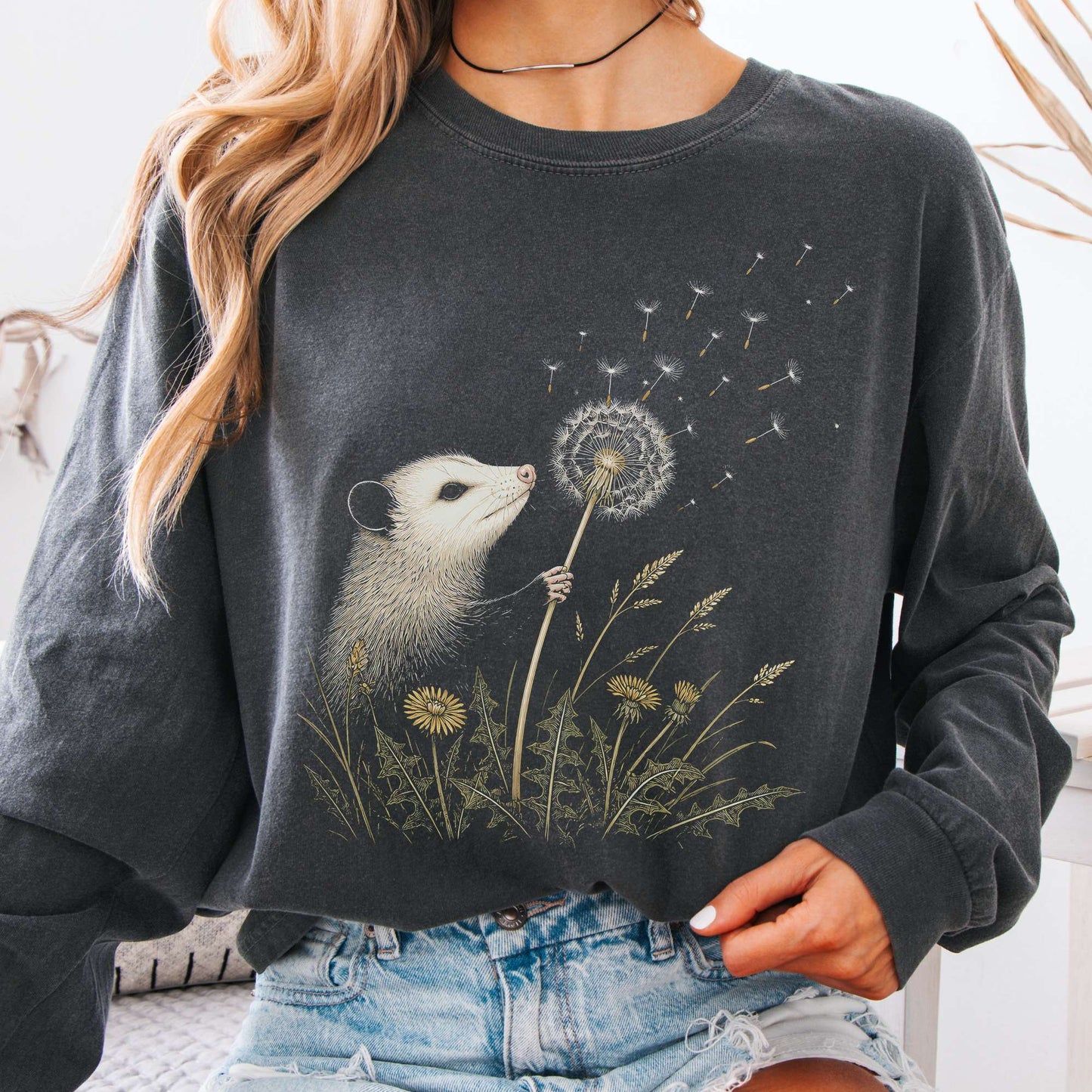 Opossum Making a Dandelion Wish Long Sleeve