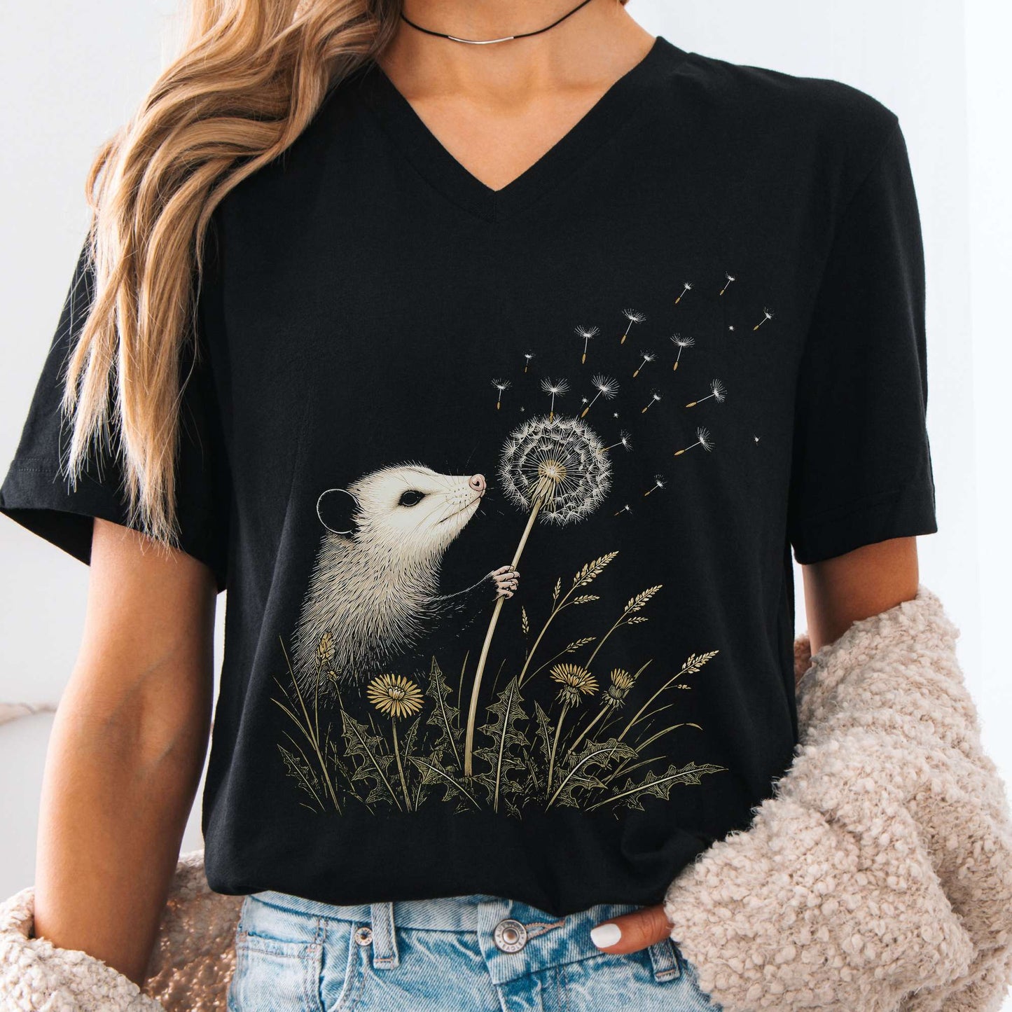 Opossum Making a Dandelion Wish V-Neck
