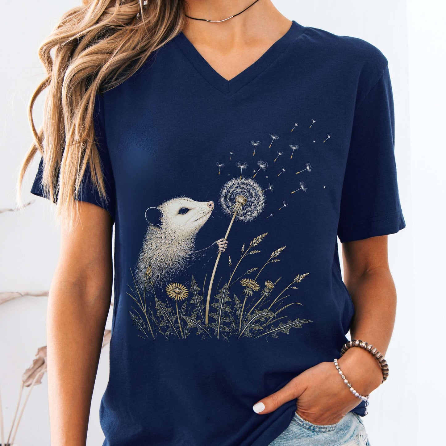 Opossum Making a Dandelion Wish V-Neck