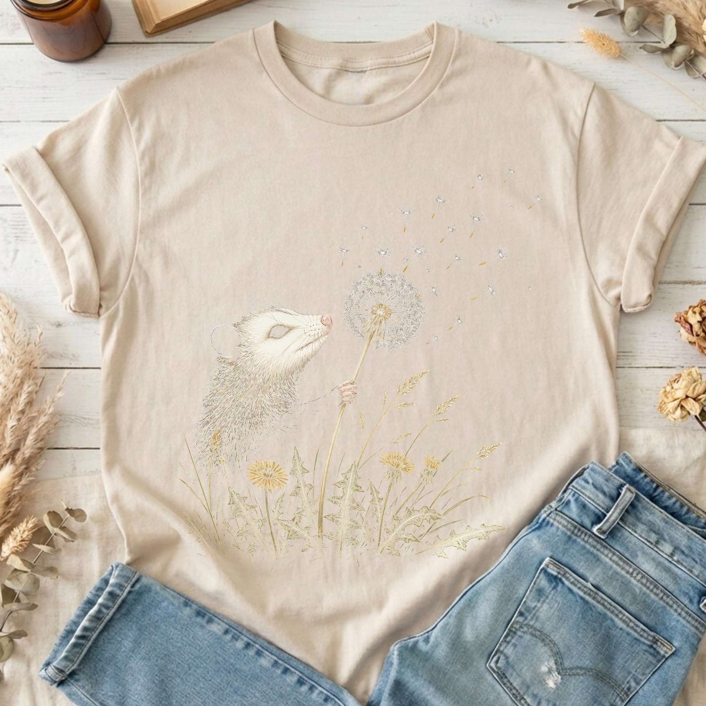 Opossum Making a Dandelion Wish T-Shirt