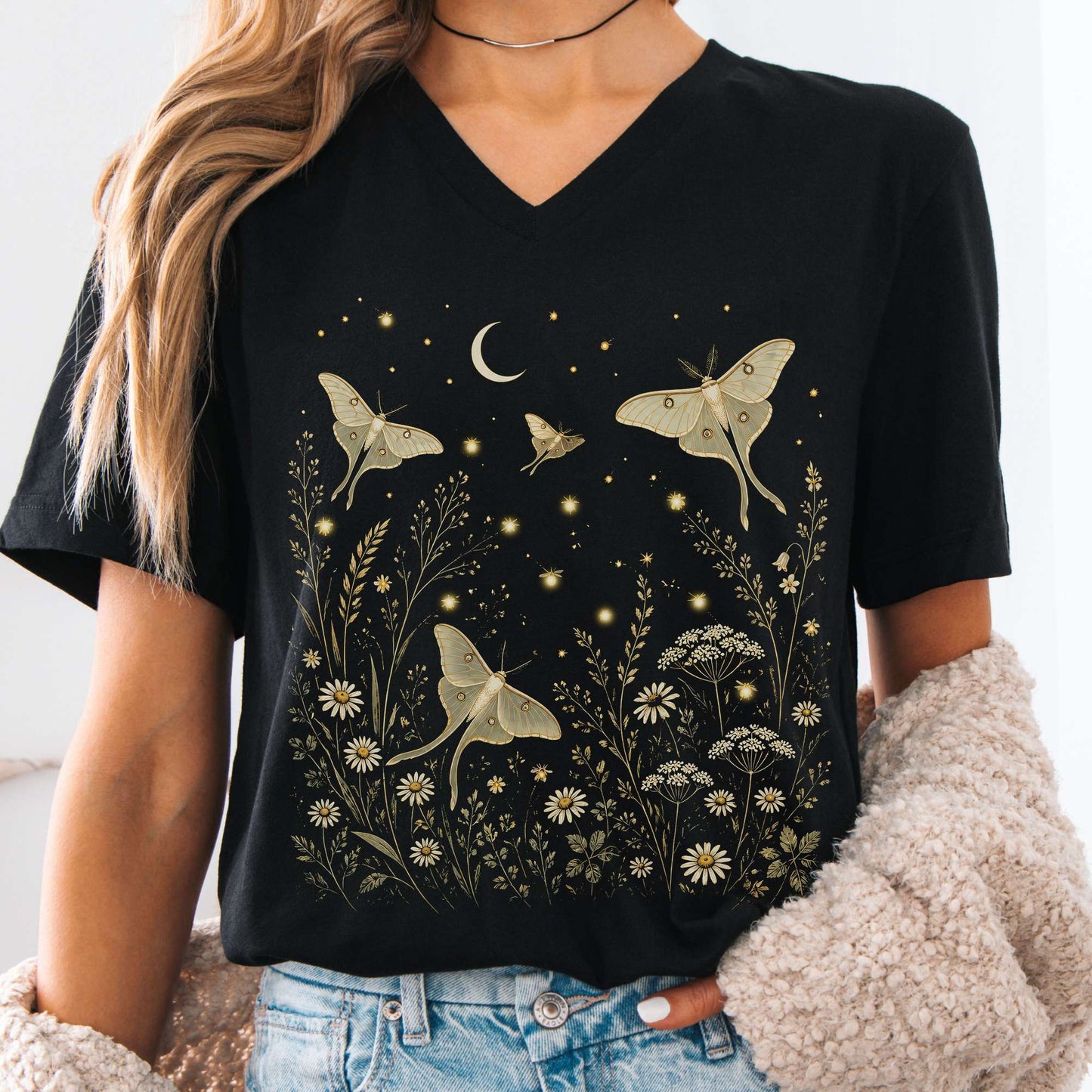 Luna Moths And Fireflies At Night V-Neck