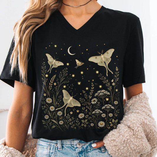 Luna Moths And Fireflies At Night V-Neck