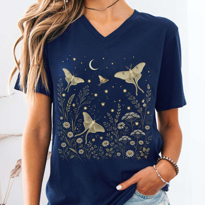 Luna Moths And Fireflies At Night V-Neck