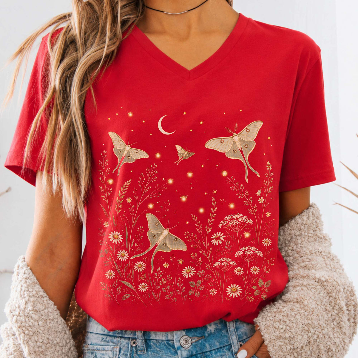 Luna Moths And Fireflies At Night V-Neck