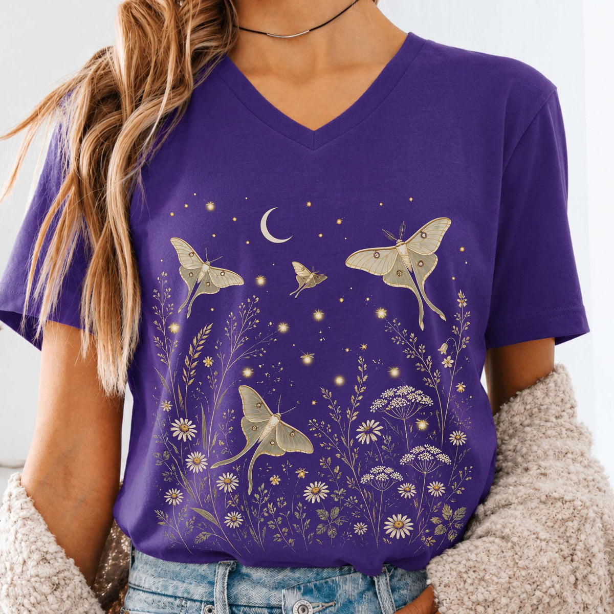 Luna Moths And Fireflies At Night V-Neck