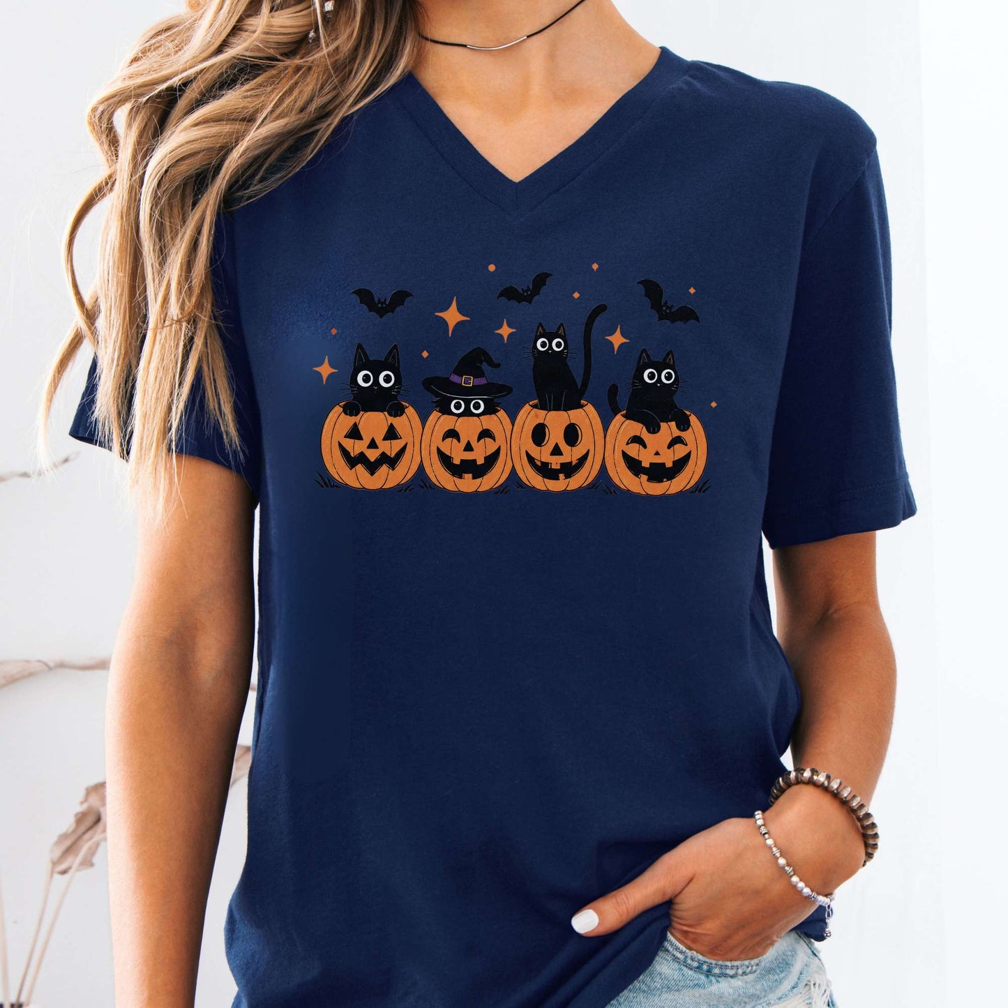 Black Cats And Their Pumpkins V-Neck