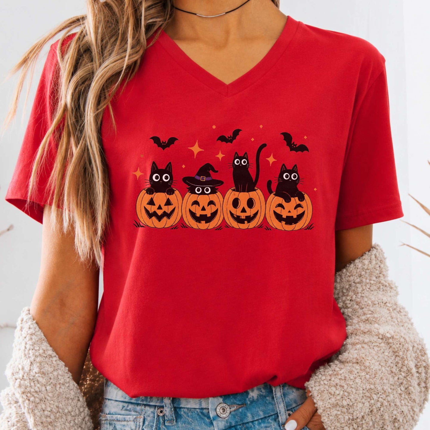 Black Cats And Their Pumpkins V-Neck