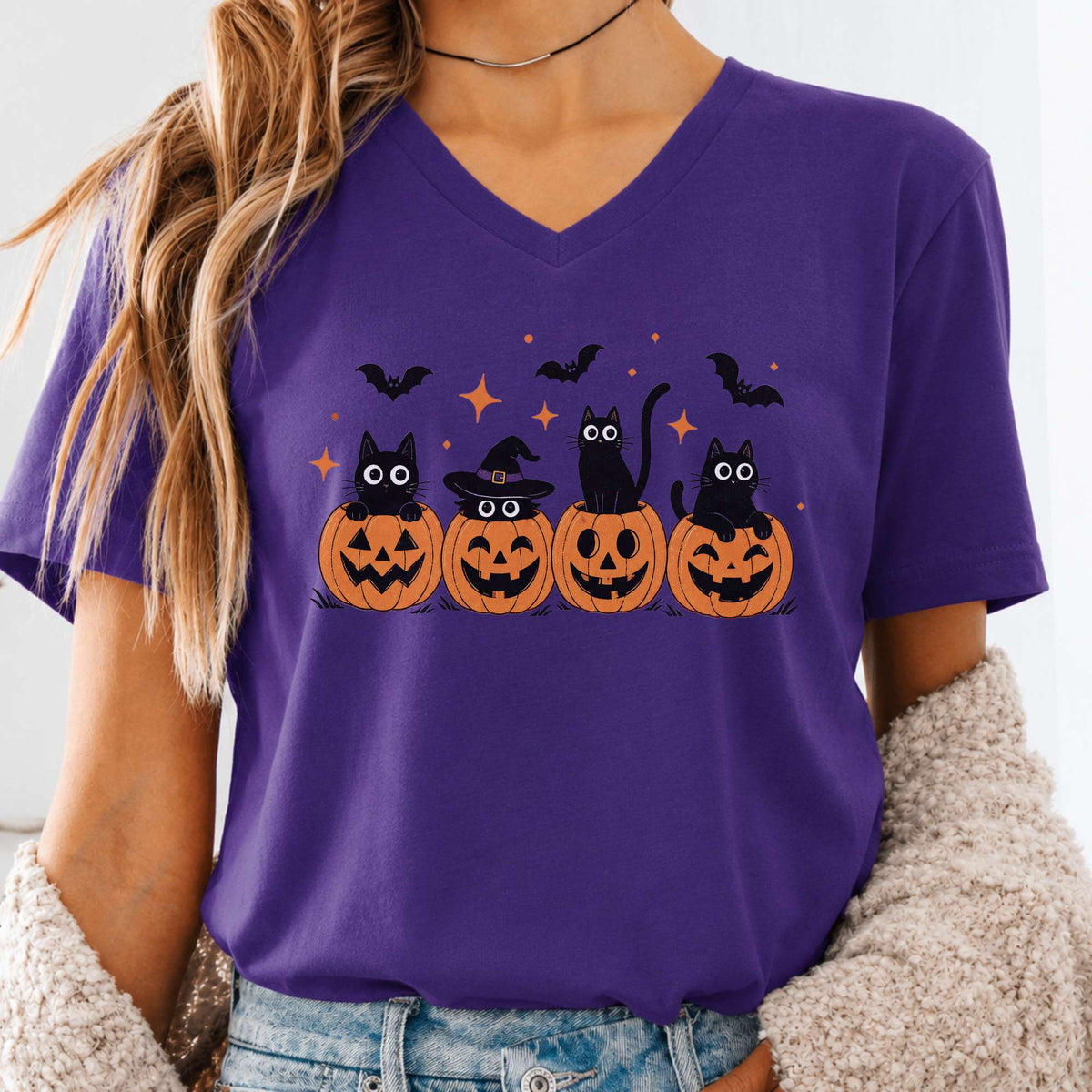 Black Cats And Their Pumpkins V-Neck