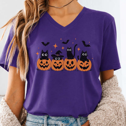 Black Cats And Their Pumpkins V-Neck