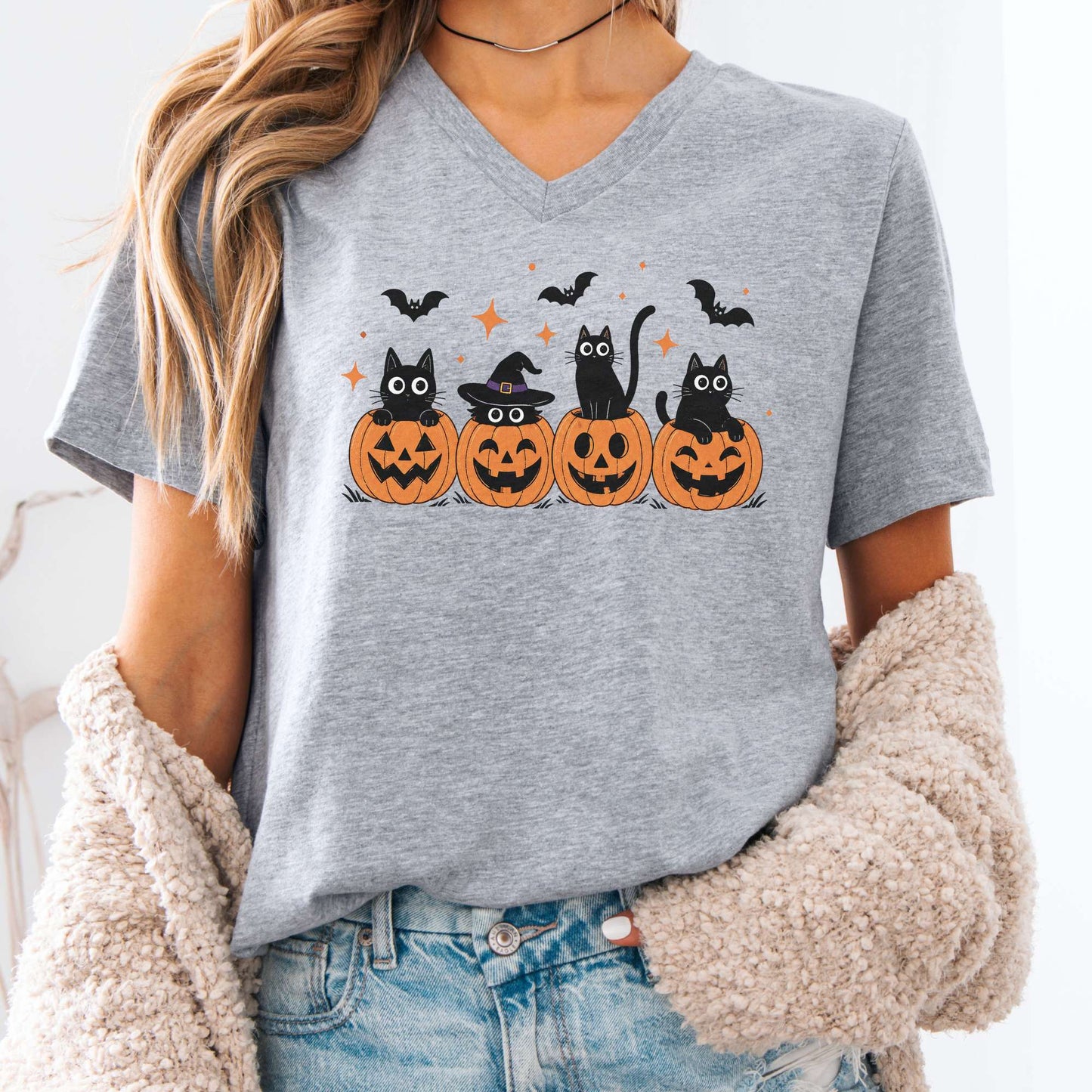 Black Cats And Their Pumpkins V-Neck