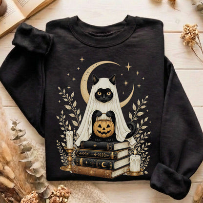 Ghost Cat and Books Halloween Sweatshirt