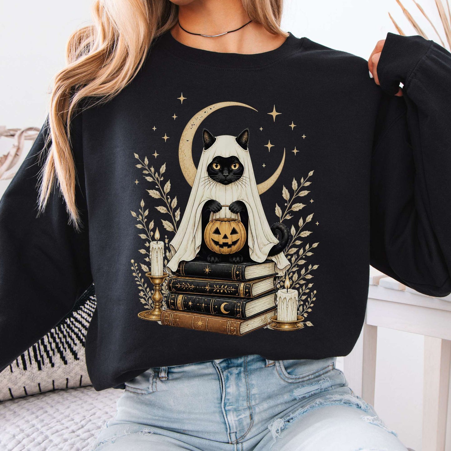 Ghost Cat and Books Halloween Sweatshirt