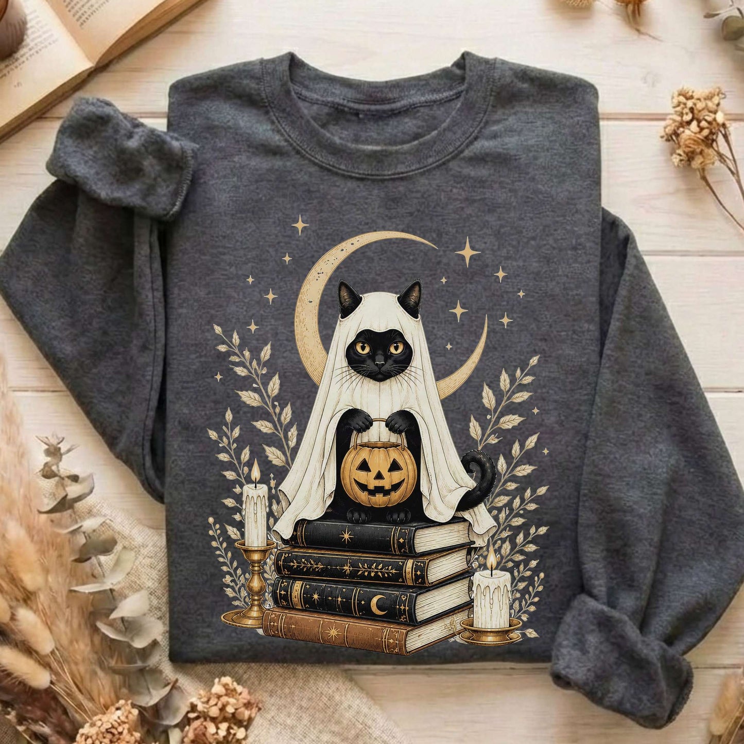 Ghost Cat and Books Halloween Sweatshirt