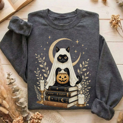 Ghost Cat and Books Halloween Sweatshirt