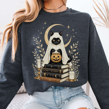 Ghost Cat and Books Halloween Sweatshirt
