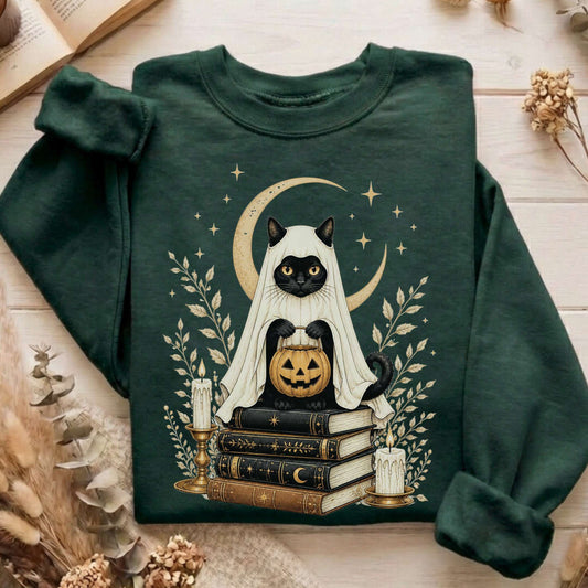 Ghost Cat and Books Halloween Sweatshirt