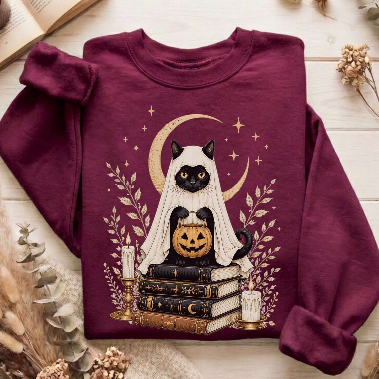 Ghost Cat and Books Halloween Sweatshirt