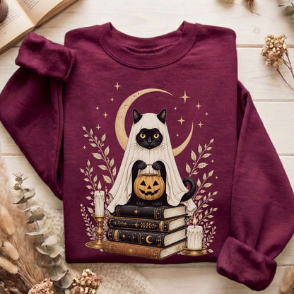 Ghost Cat and Books Halloween Sweatshirt