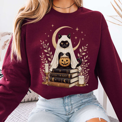 Ghost Cat and Books Halloween Sweatshirt