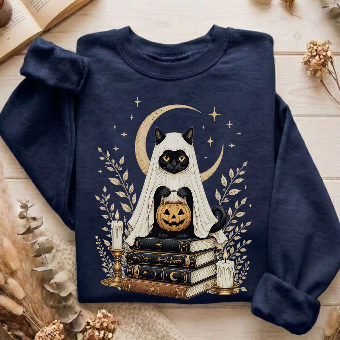 Ghost Cat and Books Halloween Sweatshirt