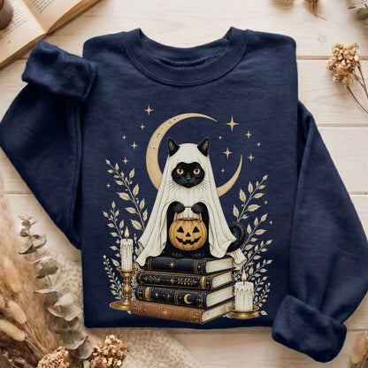 Ghost Cat and Books Halloween Sweatshirt