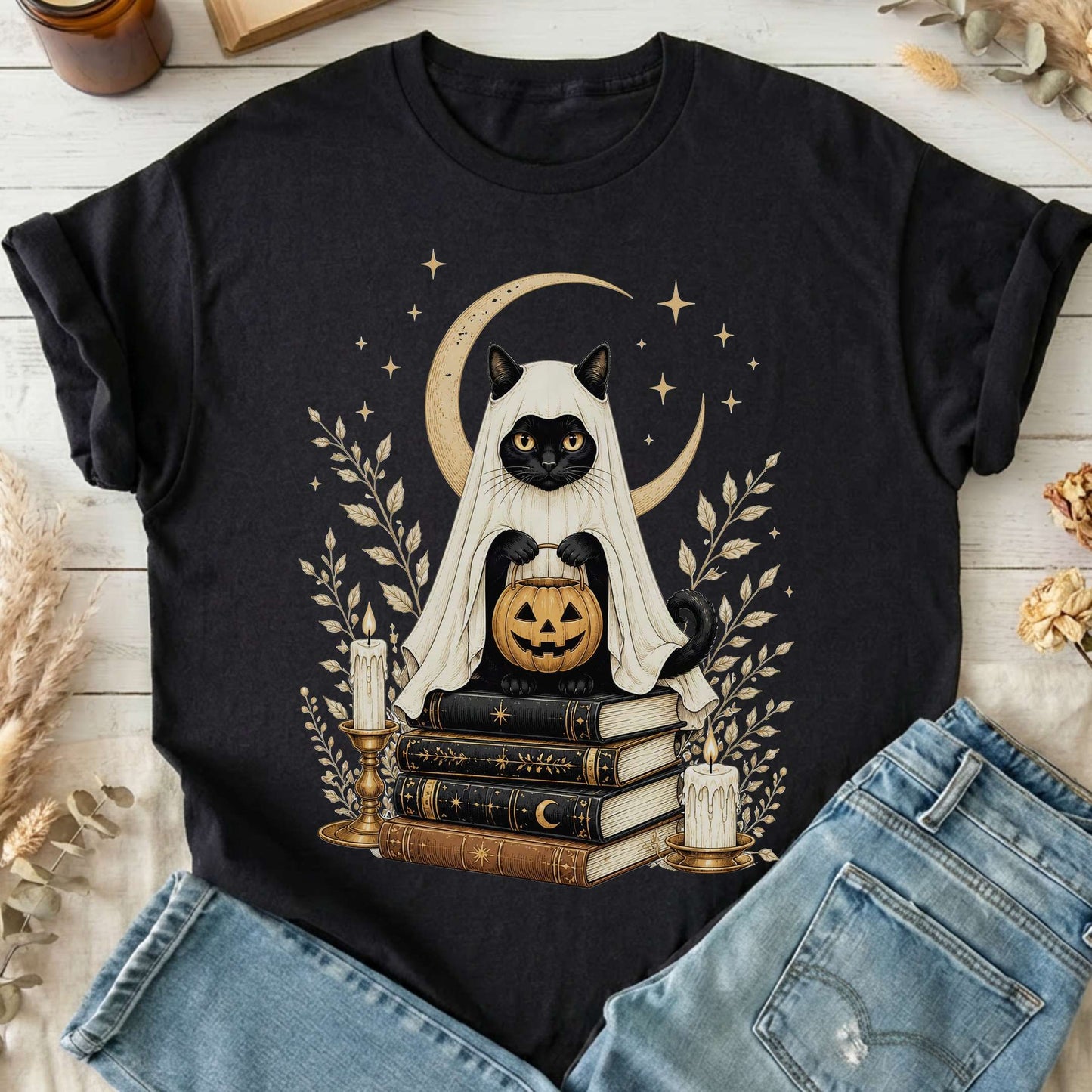 Ghost Cat and Books Halloween T-Shirt