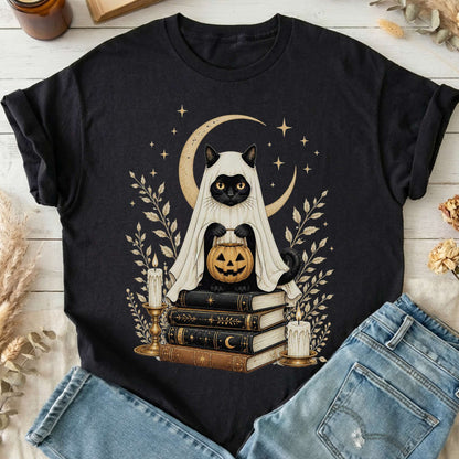 Ghost Cat and Books Halloween T-Shirt