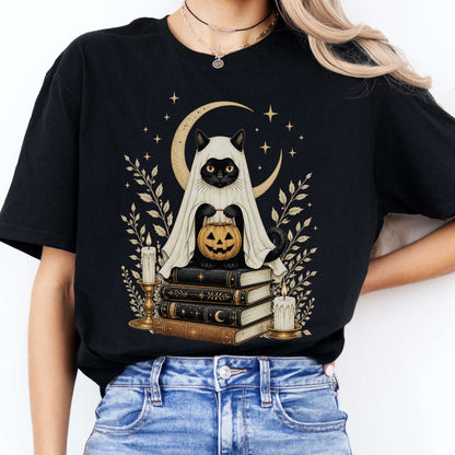 Ghost Cat and Books Halloween T-Shirt