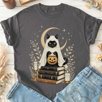 Ghost Cat and Books Halloween T-Shirt