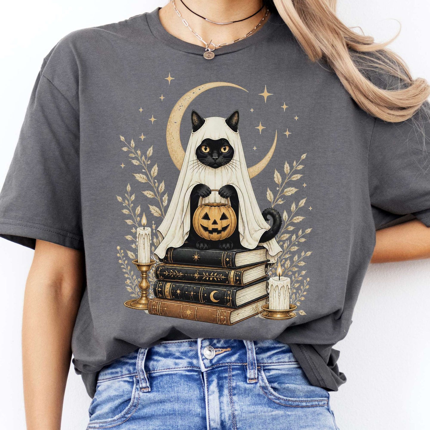 Ghost Cat and Books Halloween T-Shirt