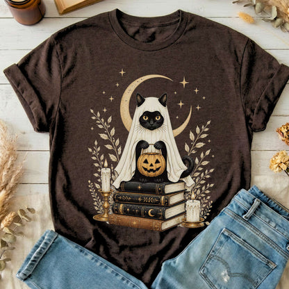 Ghost Cat and Books Halloween T-Shirt