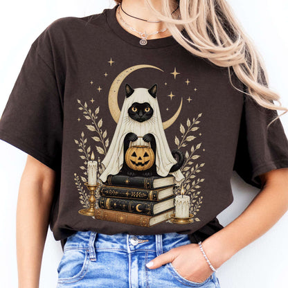 Ghost Cat and Books Halloween T-Shirt