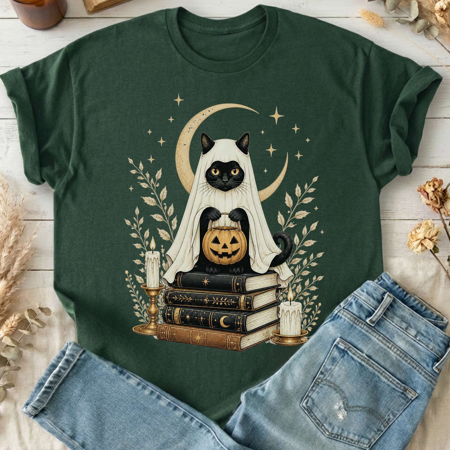 Ghost Cat and Books Halloween T-Shirt