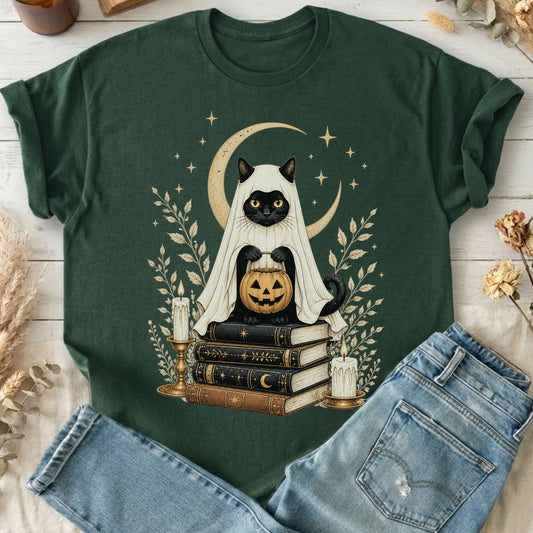 Ghost Cat and Books Halloween T-Shirt