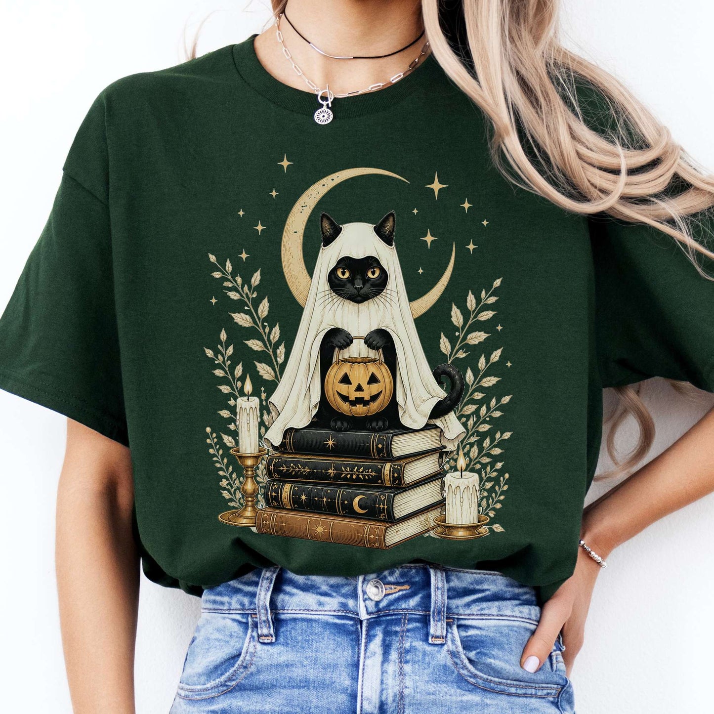 Ghost Cat and Books Halloween T-Shirt