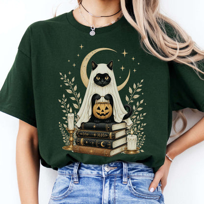Ghost Cat and Books Halloween T-Shirt
