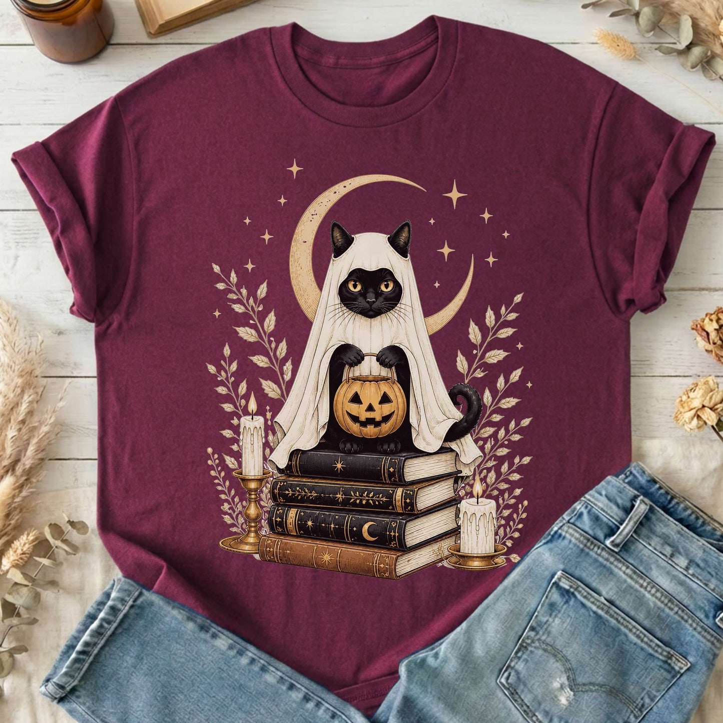 Ghost Cat and Books Halloween T-Shirt