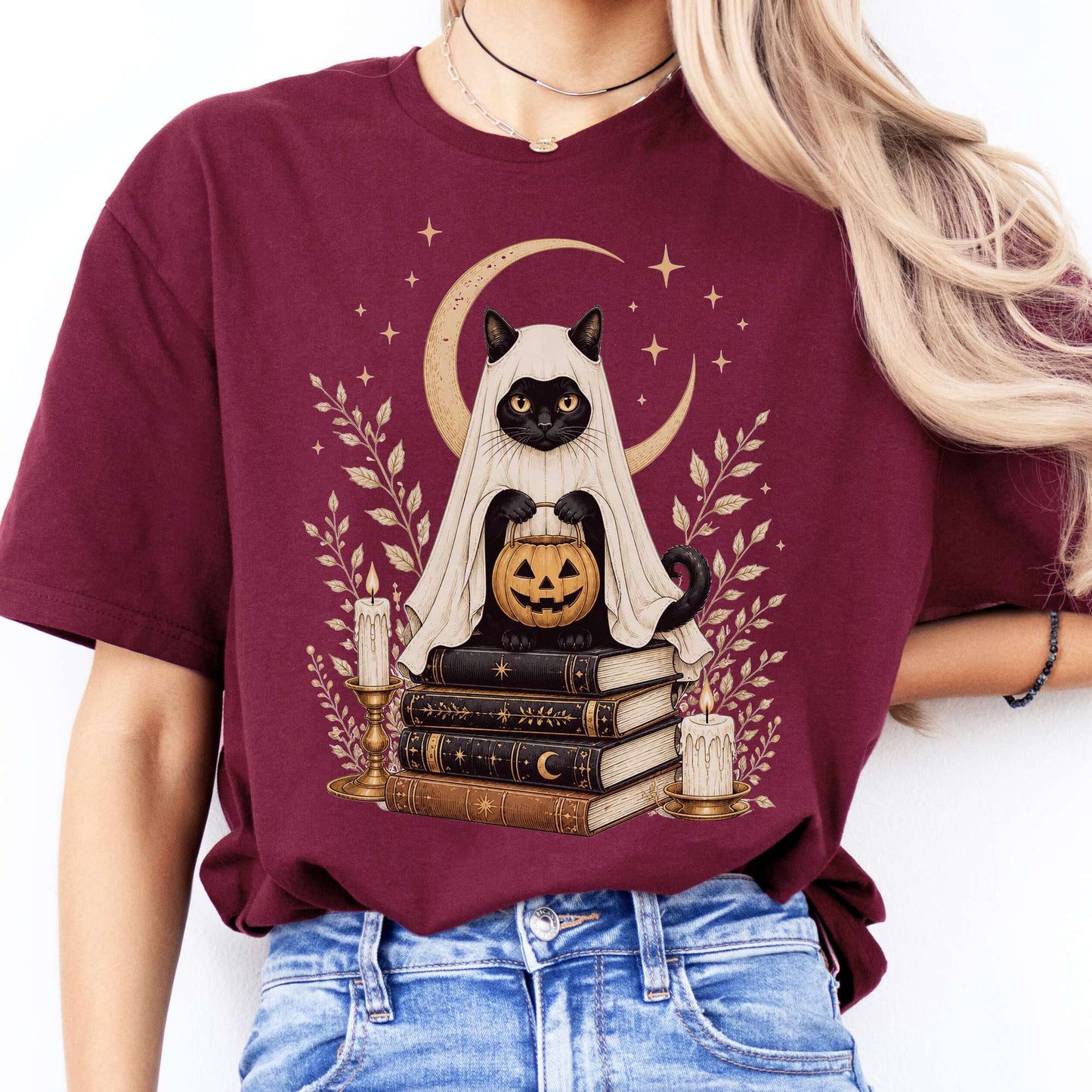 Ghost Cat and Books Halloween T-Shirt