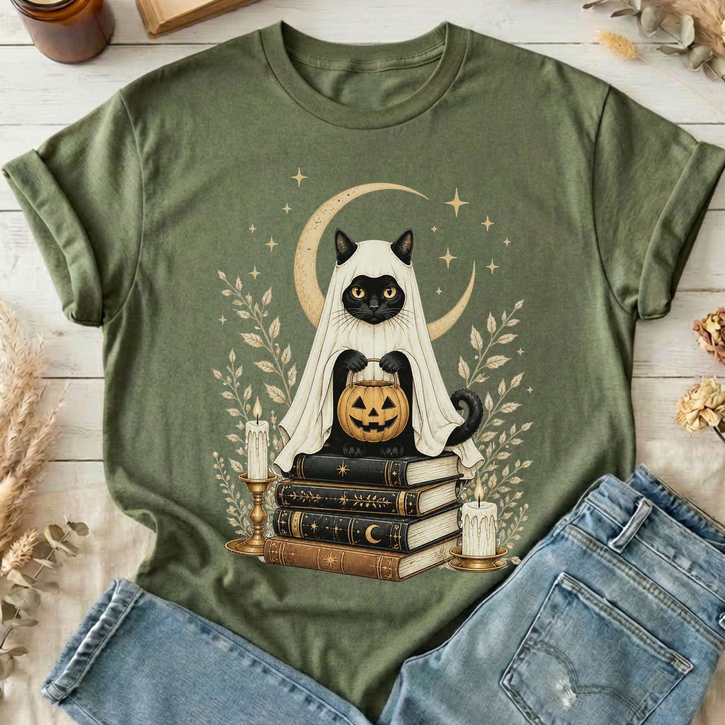 Ghost Cat and Books Halloween T-Shirt