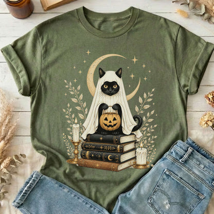 Ghost Cat and Books Halloween T-Shirt