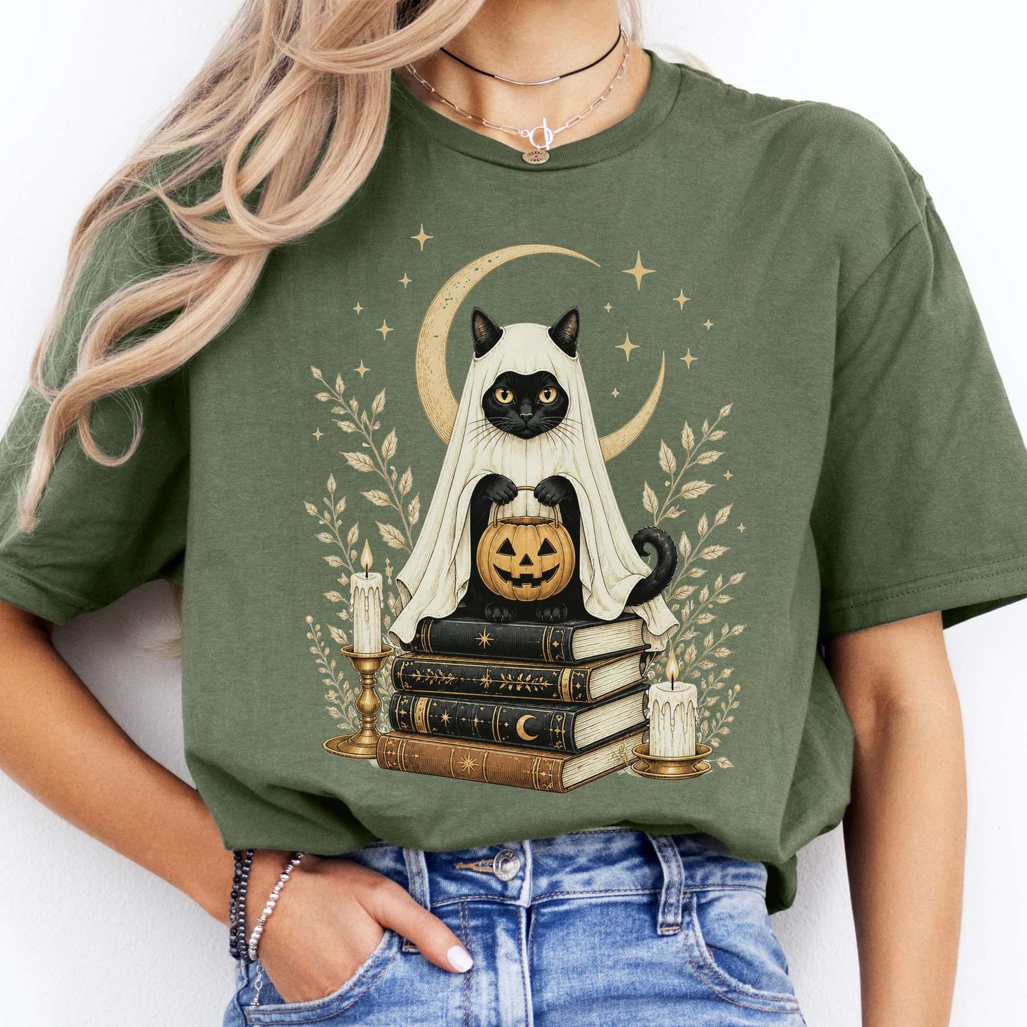 Ghost Cat and Books Halloween T-Shirt