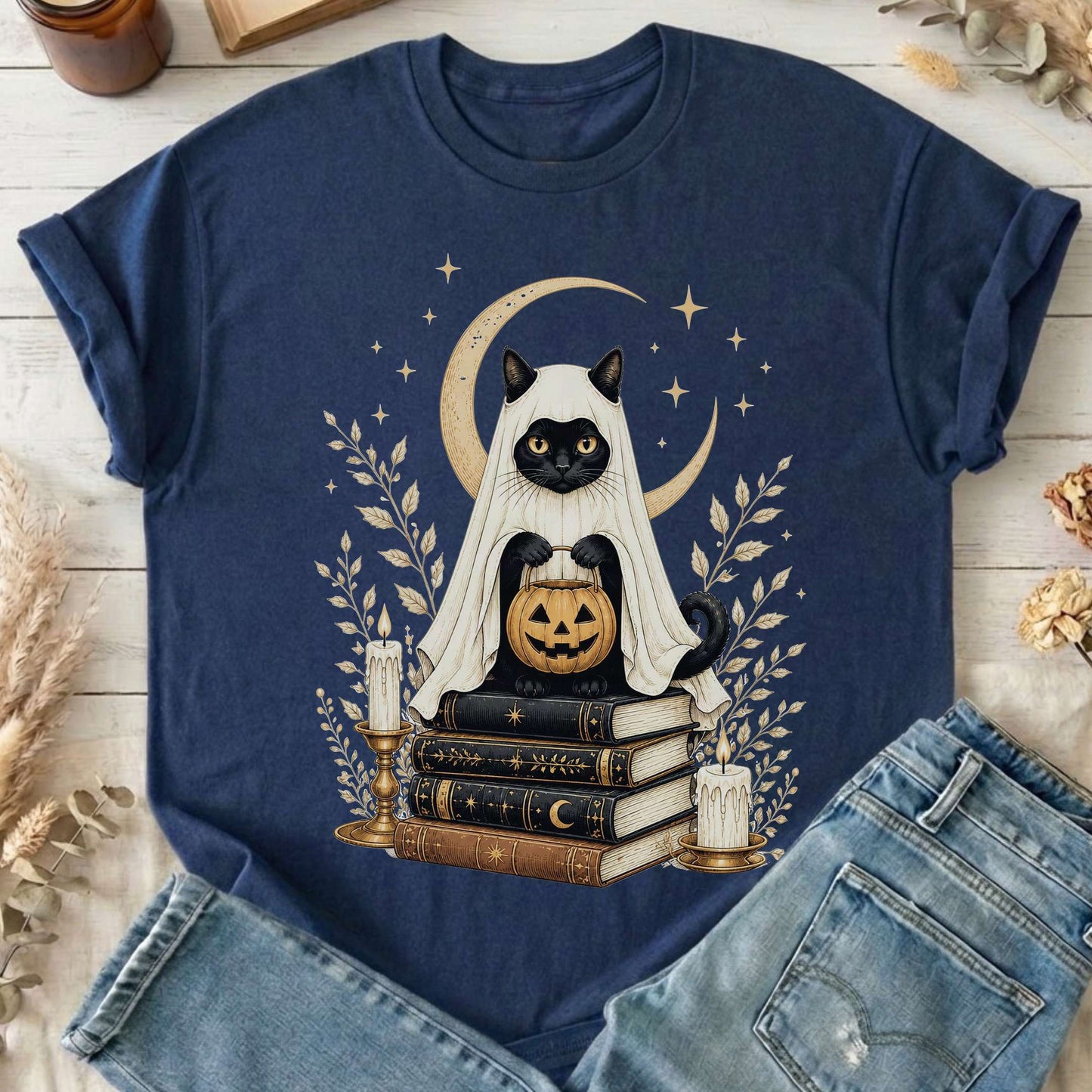 Ghost Cat and Books Halloween T-Shirt