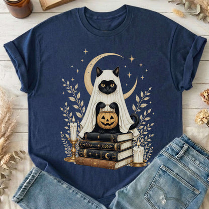 Ghost Cat and Books Halloween T-Shirt