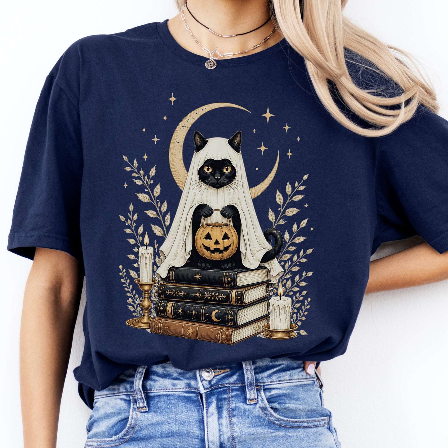 Ghost Cat and Books Halloween T-Shirt
